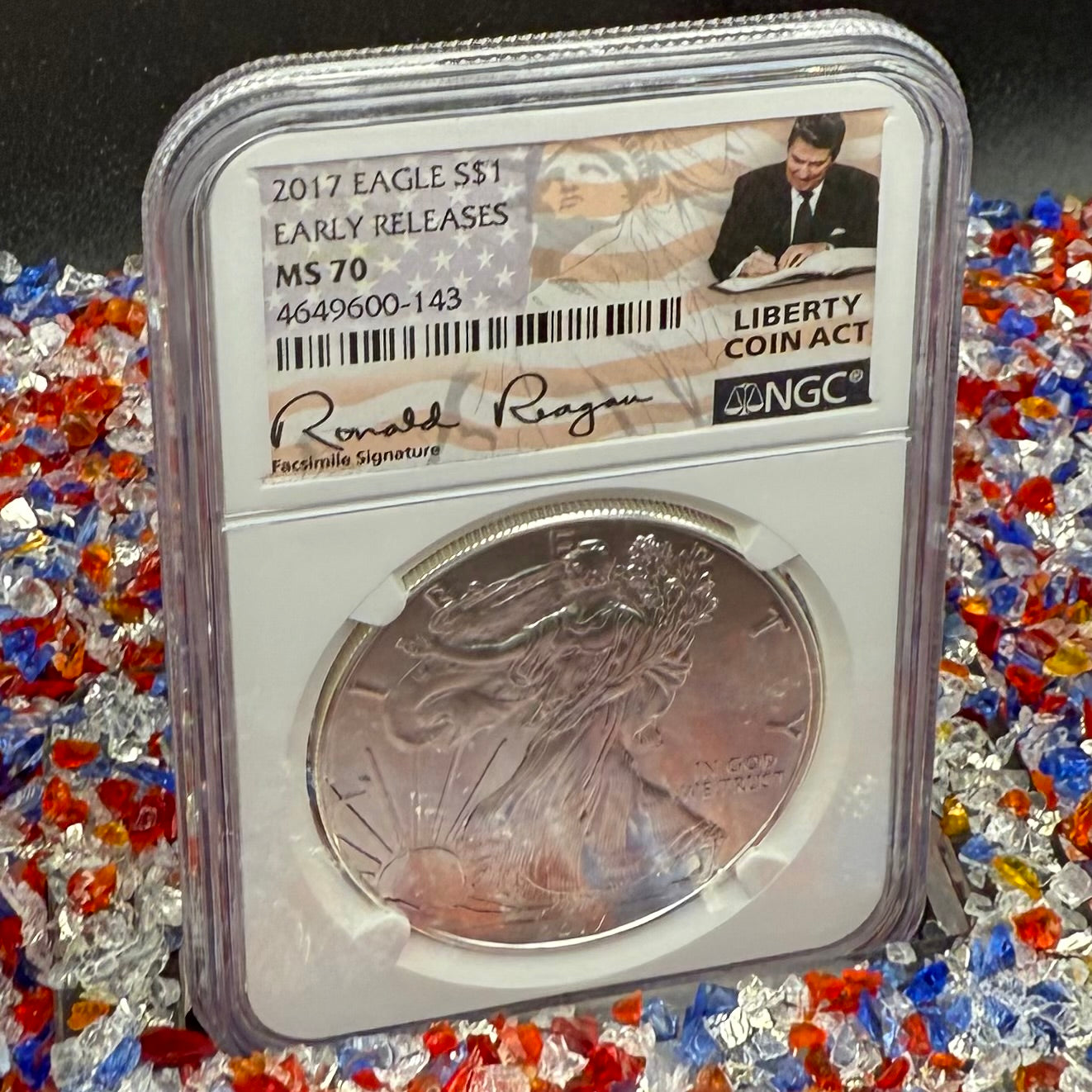 2017 $1 American Silver Eagle NGC MS70 Early Releases Liberty Coin Act Ronald Reagan Signature American Flag Mint Condition