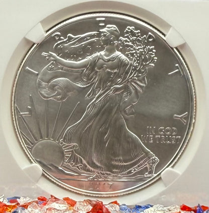 2017 $1 American Silver Eagle NGC MS70 Early Releases Liberty Coin Act Ronald Reagan Signature American Flag Mint Condition
