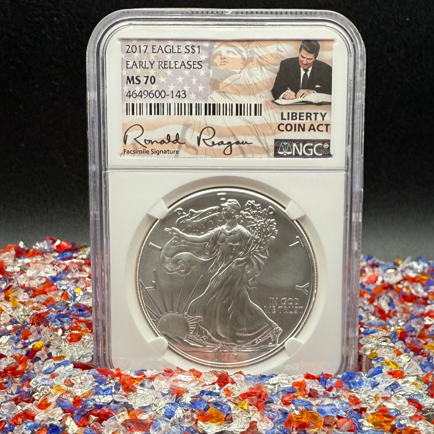 2017 $1 American Silver Eagle NGC MS70 Early Releases Liberty Coin Act Ronald Reagan Signature American Flag Mint Condition