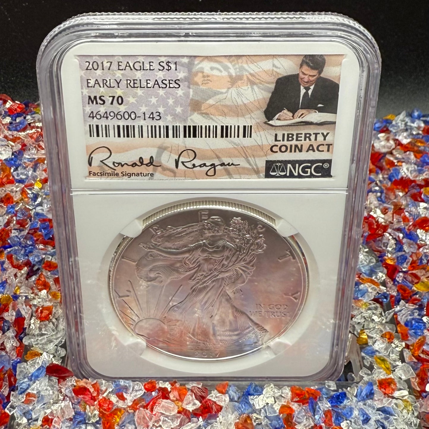 2017 $1 American Silver Eagle NGC MS70 Early Releases Liberty Coin Act Ronald Reagan Signature American Flag Mint Condition