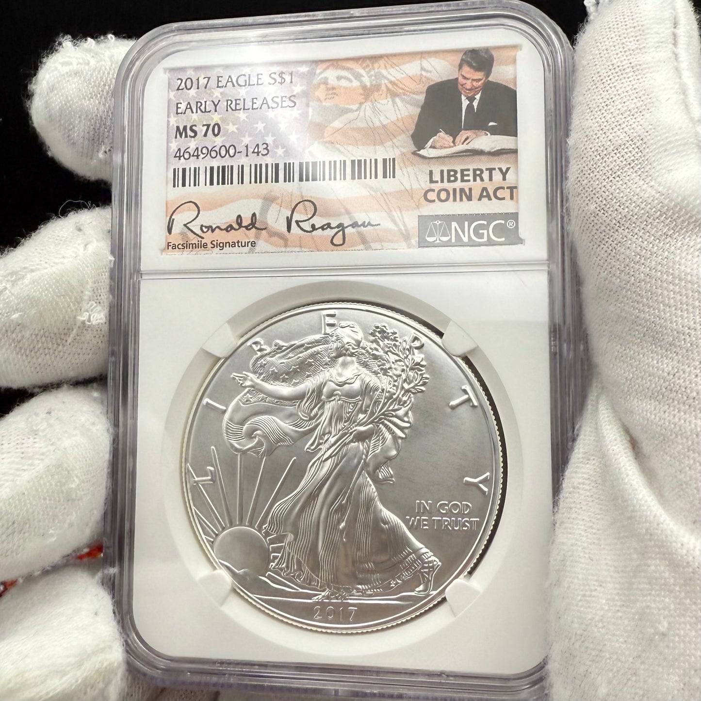 2017 $1 American Silver Eagle NGC MS70 Early Releases Liberty Coin Act Ronald Reagan Signature American Flag Mint Condition