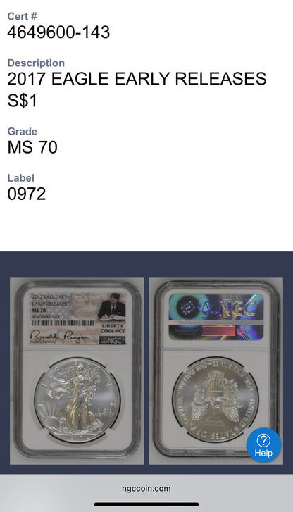 2017 $1 American Silver Eagle NGC MS70 Early Releases Liberty Coin Act Ronald Reagan Signature American Flag Mint Condition