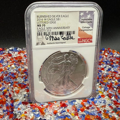 2016 Burnished Lettered Edge $1 American Silver Eagle NGC MS70 Mike Castle Signed Mint Condition Rare 1 of 209