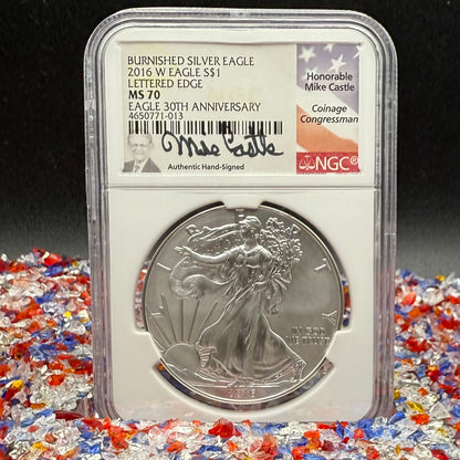 2016 Burnished Lettered Edge $1 American Silver Eagle NGC MS70 Mike Castle Signed Mint Condition Rare 1 of 209