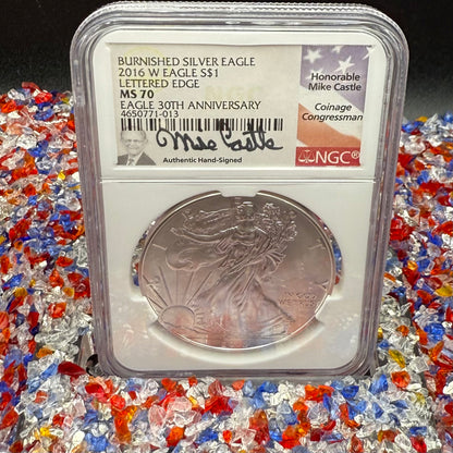 2016 Burnished Lettered Edge $1 American Silver Eagle NGC MS70 Mike Castle Signed Mint Condition Rare 1 of 209