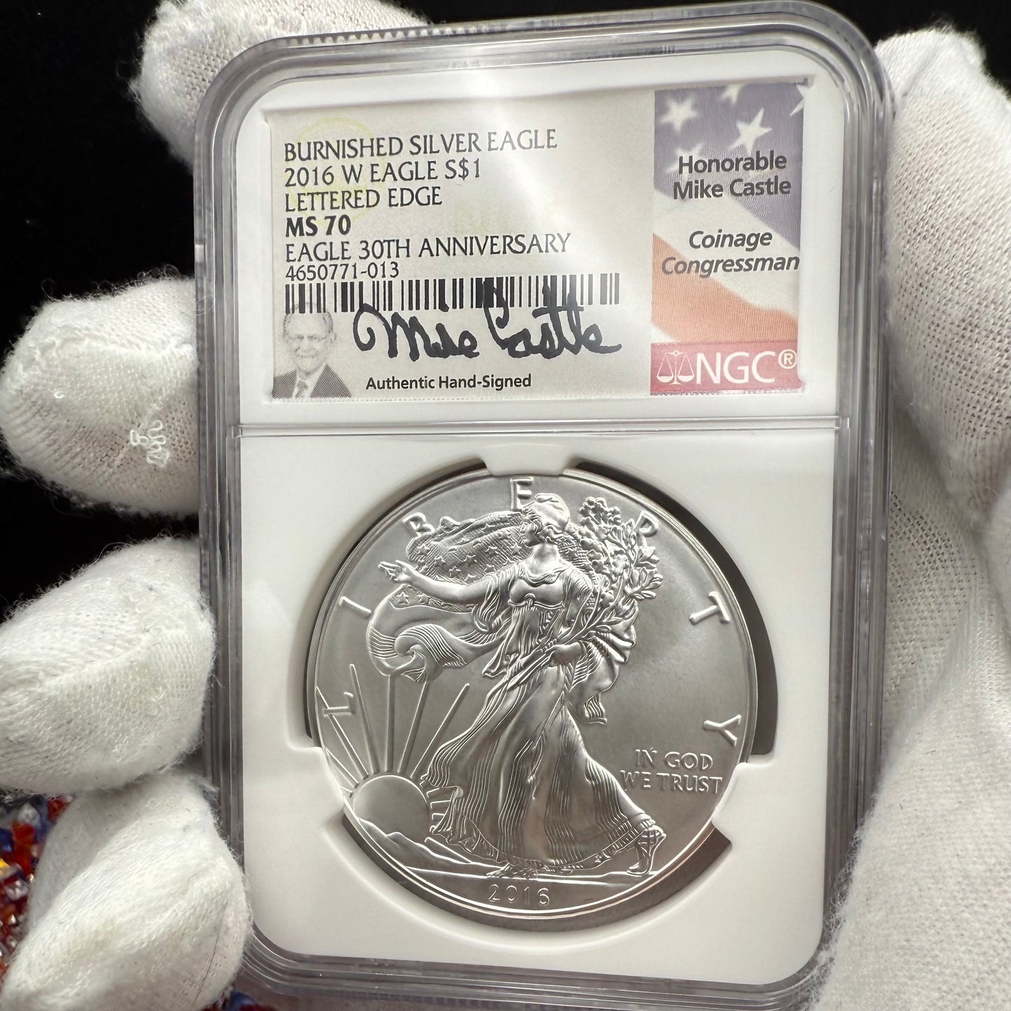 2016 Burnished Lettered Edge $1 American Silver Eagle NGC MS70 Mike Castle Signed Mint Condition Rare 1 of 209