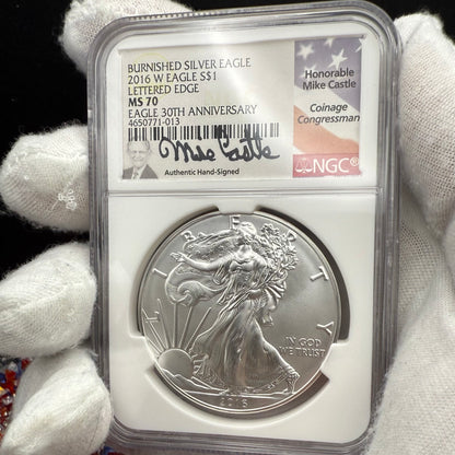 2016 Burnished Lettered Edge $1 American Silver Eagle NGC MS70 Mike Castle Signed Mint Condition Rare 1 of 209