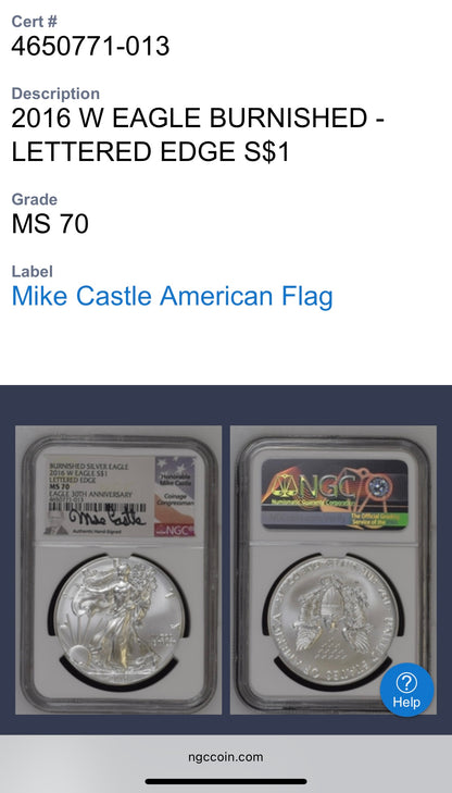 2016 Burnished Lettered Edge $1 American Silver Eagle NGC MS70 Mike Castle Signed Mint Condition Rare 1 of 209