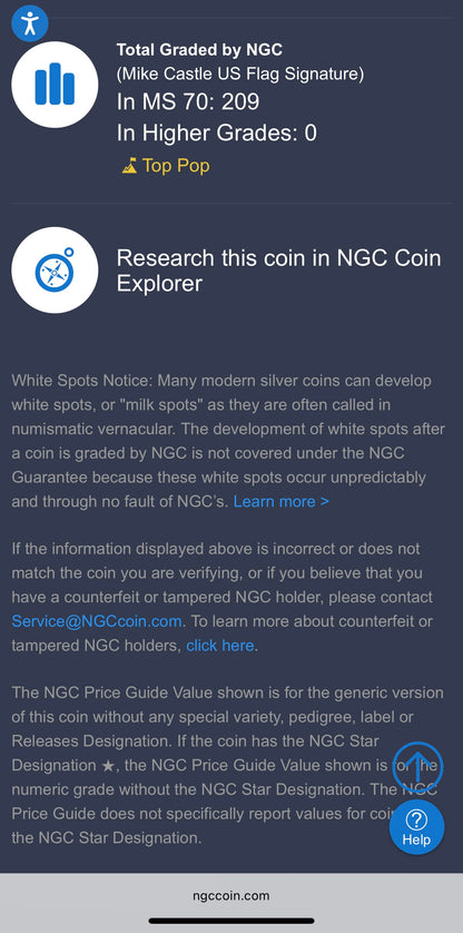 2016 Burnished Lettered Edge $1 American Silver Eagle NGC MS70 Mike Castle Signed Mint Condition Rare 1 of 209