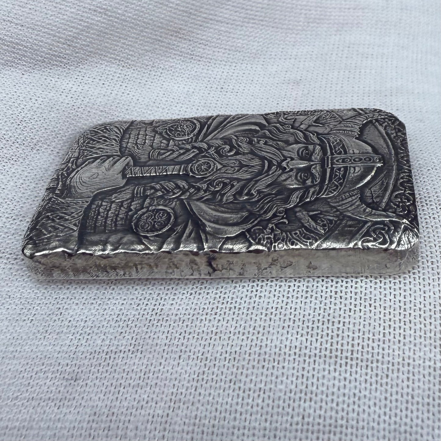 'Viking Bar' 1.5 oz .999 Fine Silver Bar, Hand Crafted by St Bee's in England, Antique Finish, Includes Wood Treasure Chest, COA, Mint Condition