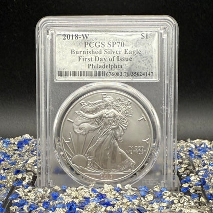 Burnished 2018 (W) $1 American Silver Eagle PCGS SP70 Philadelphia First Day of Issue Silver Foil Label (1 of 236)