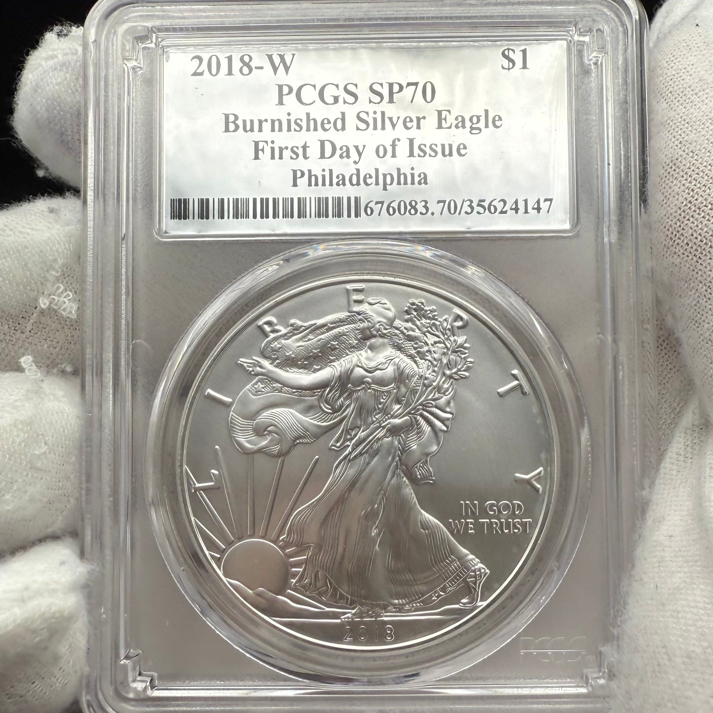 Burnished 2018 (W) $1 American Silver Eagle PCGS SP70 Philadelphia First Day of Issue Silver Foil Label (1 of 236)