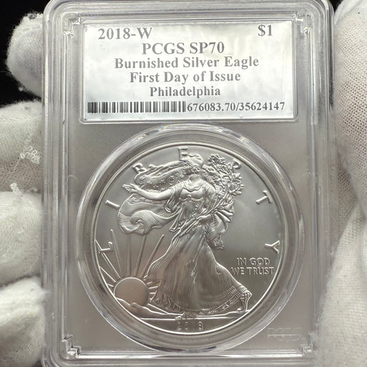 Burnished 2018 (W) $1 American Silver Eagle PCGS SP70 Philadelphia First Day of Issue Silver Foil Label (1 of 236)