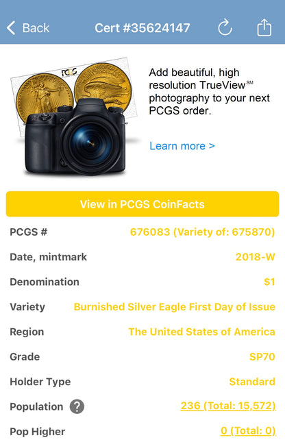 Burnished 2018 (W) $1 American Silver Eagle PCGS SP70 Philadelphia First Day of Issue Silver Foil Label (1 of 236)