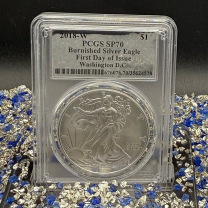 Burnished 2018 (W) $1 American Silver Eagle PCGS SP70 Washington D.C. First Day of Issue Silver Foil Label (1 of 237)
