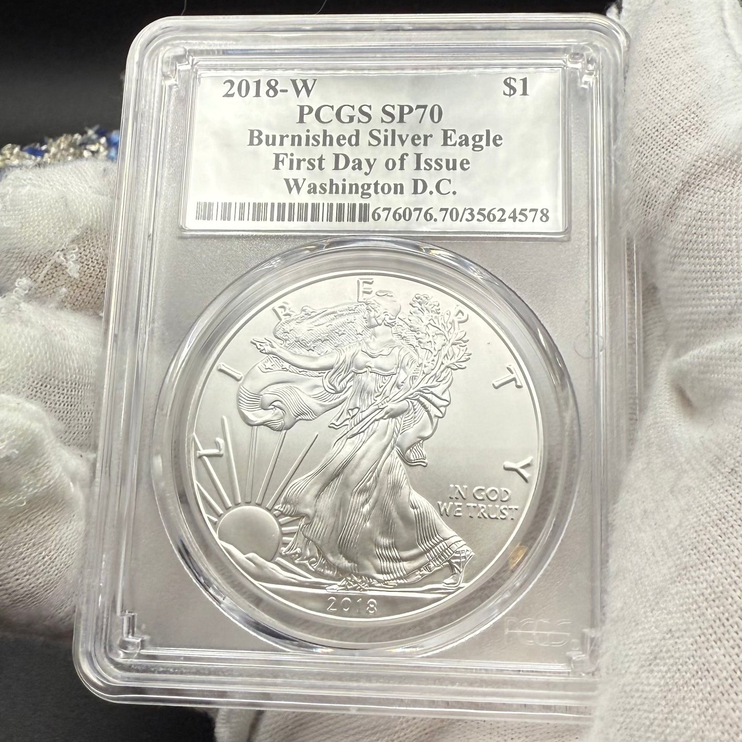 Burnished 2018 (W) $1 American Silver Eagle PCGS SP70 Washington D.C. First Day of Issue Silver Foil Label (1 of 237)