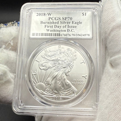 Burnished 2018 (W) $1 American Silver Eagle PCGS SP70 Washington D.C. First Day of Issue Silver Foil Label (1 of 237)