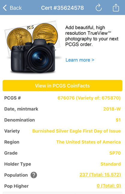 Burnished 2018 (W) $1 American Silver Eagle PCGS SP70 Washington D.C. First Day of Issue Silver Foil Label (1 of 237)