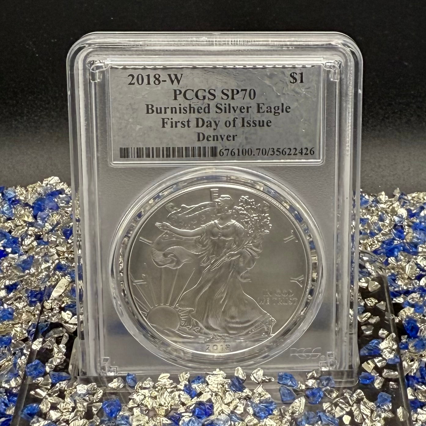 Burnished 2018 (W) $1 American Silver Eagle PCGS SP70 Denver First Day of Issue Silver Foil Label (1 of 236)