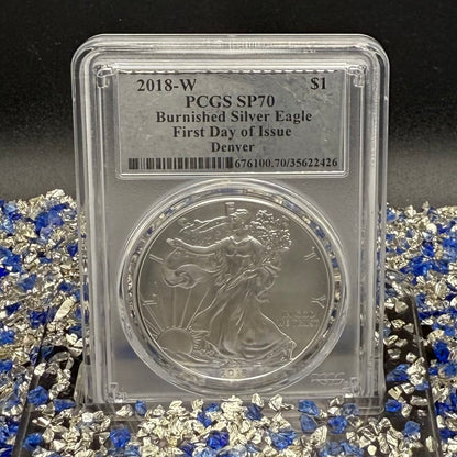 Burnished 2018 (W) $1 American Silver Eagle PCGS SP70 Denver First Day of Issue Silver Foil Label (1 of 236)