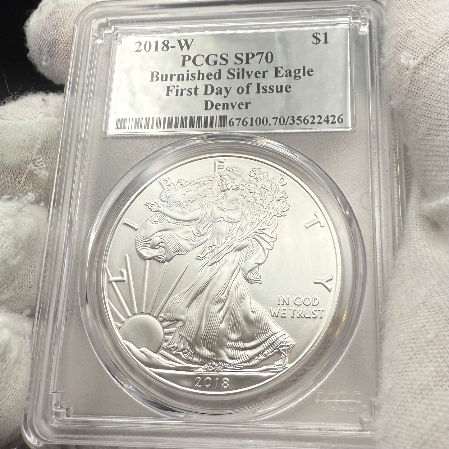 Burnished 2018 (W) $1 American Silver Eagle PCGS SP70 Denver First Day of Issue Silver Foil Label (1 of 236)