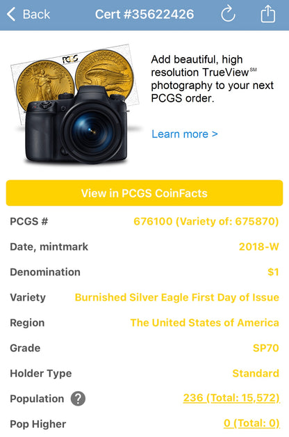 Burnished 2018 (W) $1 American Silver Eagle PCGS SP70 Denver First Day of Issue Silver Foil Label (1 of 236)