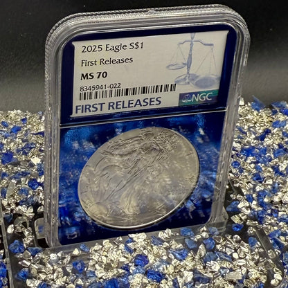 2025 $1 American Silver Eagle NGC MS70 First Releases Classic Blue Label in Blue Foil Holder Rare