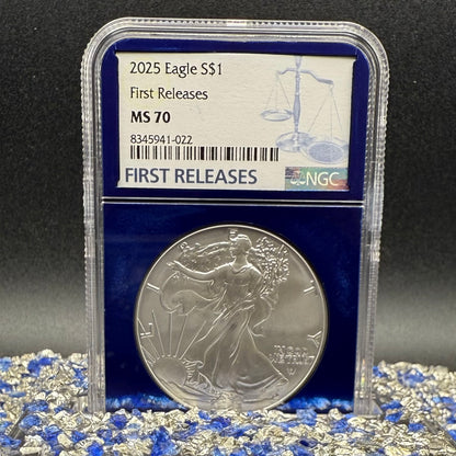 2025 $1 American Silver Eagle NGC MS70 First Releases Classic Blue Label in Blue Foil Holder Rare