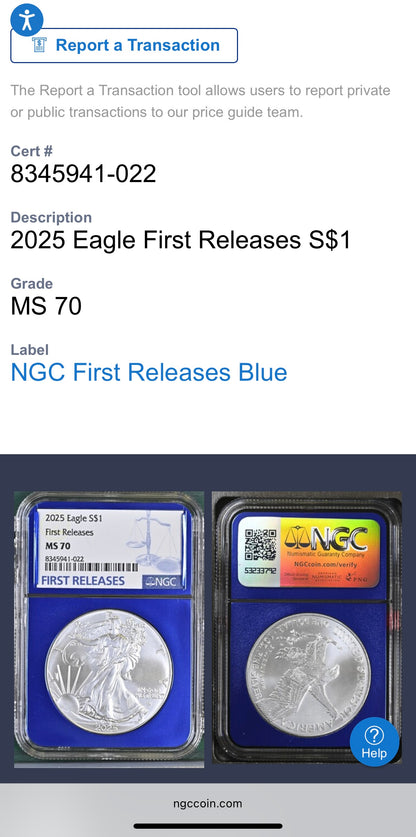 2025 $1 American Silver Eagle NGC MS70 First Releases Classic Blue Label in Blue Foil Holder Rare