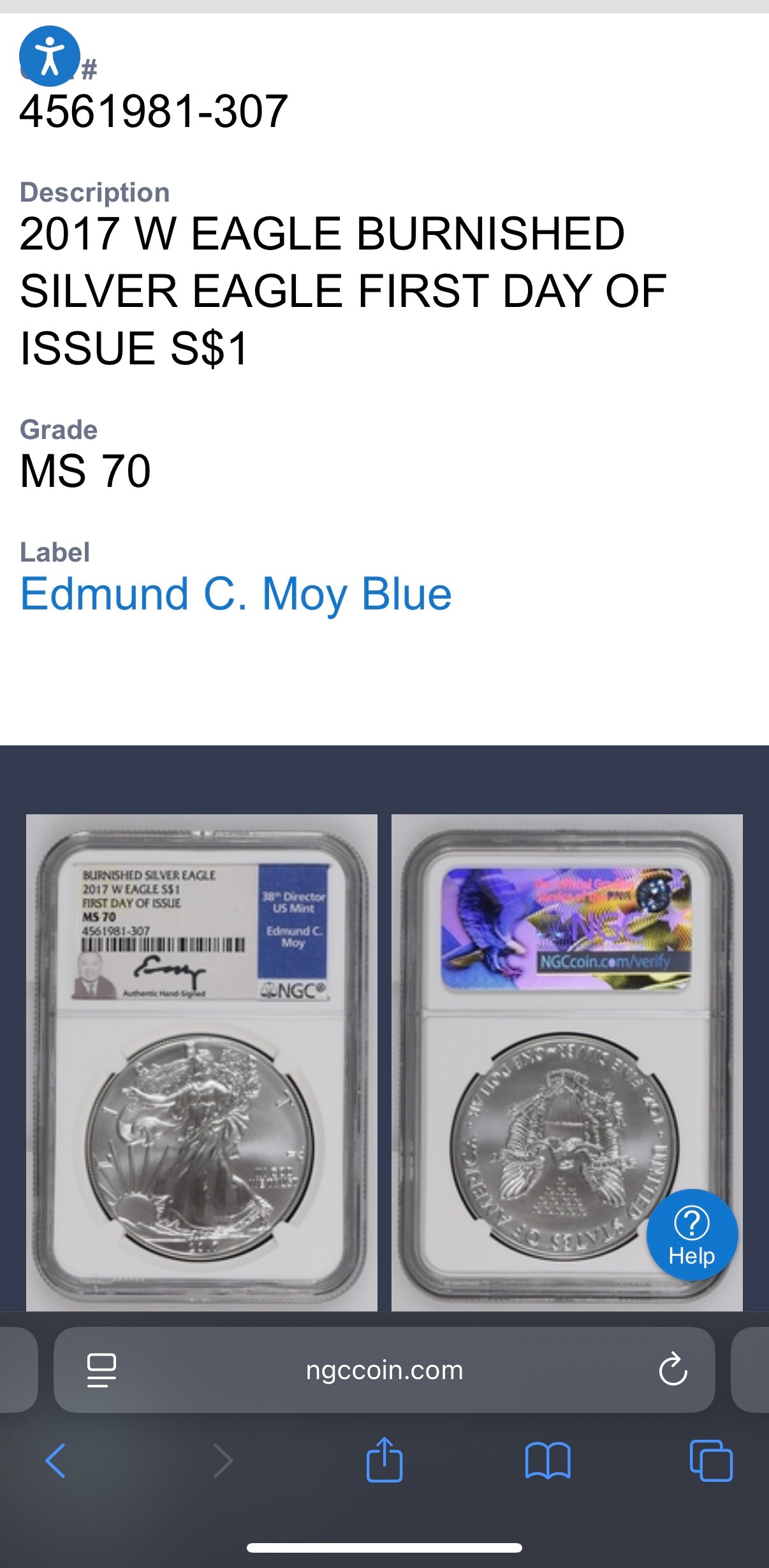 2017 Burnished $1 American Silver Eagle NGC MS70 FDOI  Blue Label Signed by Edmund C. Moy (38th Director of the US Mint) Authentic Hand Signed (Rare 1 of 494)