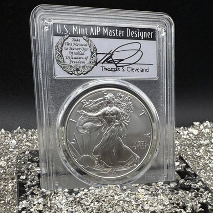 2021 $1 American Silver Eagle PCGS MS70 FDOI T-1 Master Designer Thomas Cleveland Signed Label Mint Condition (1 of 150)