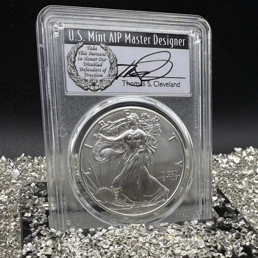 2021 $1 American Silver Eagle PCGS MS70 FDOI T-1 Master Designer Thomas Cleveland Signed Label Mint Condition (1 of 150)