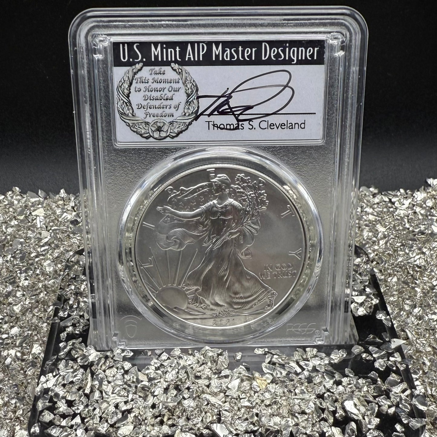 2021 $1 American Silver Eagle PCGS MS70 FDOI T-1 Master Designer Thomas Cleveland Signed Label Mint Condition (1 of 150)