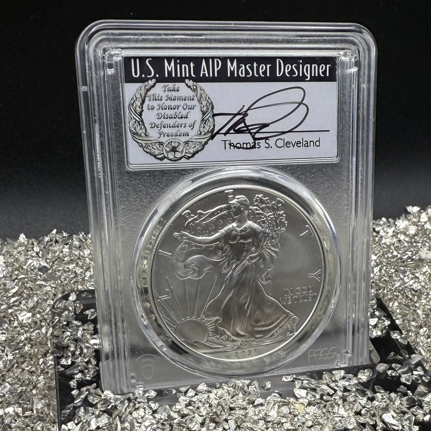 2021 $1 American Silver Eagle PCGS MS70 FDOI T-1 Master Designer Thomas Cleveland Signed Label Mint Condition (1 of 150)