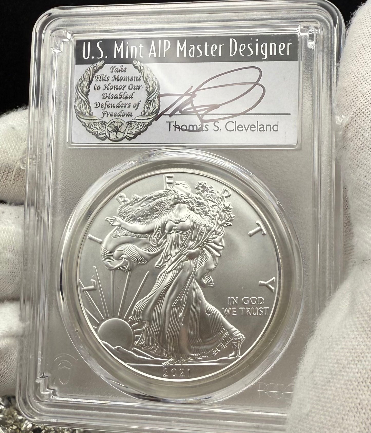 2021 $1 American Silver Eagle PCGS MS70 FDOI T-1 Master Designer Thomas Cleveland Signed Label Mint Condition (1 of 150)