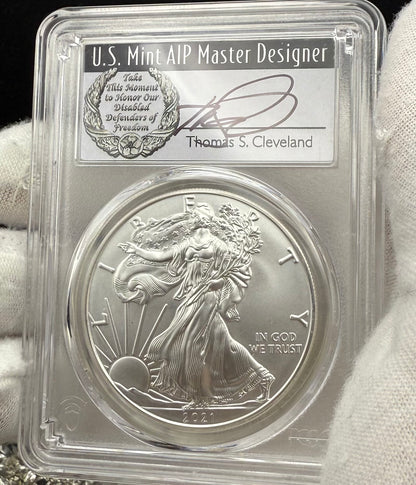 2021 $1 American Silver Eagle PCGS MS70 FDOI T-1 Master Designer Thomas Cleveland Signed Label Mint Condition (1 of 150)