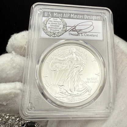 2021 $1 American Silver Eagle PCGS MS70 FDOI T-1 Master Designer Thomas Cleveland Signed Label Mint Condition (1 of 150)