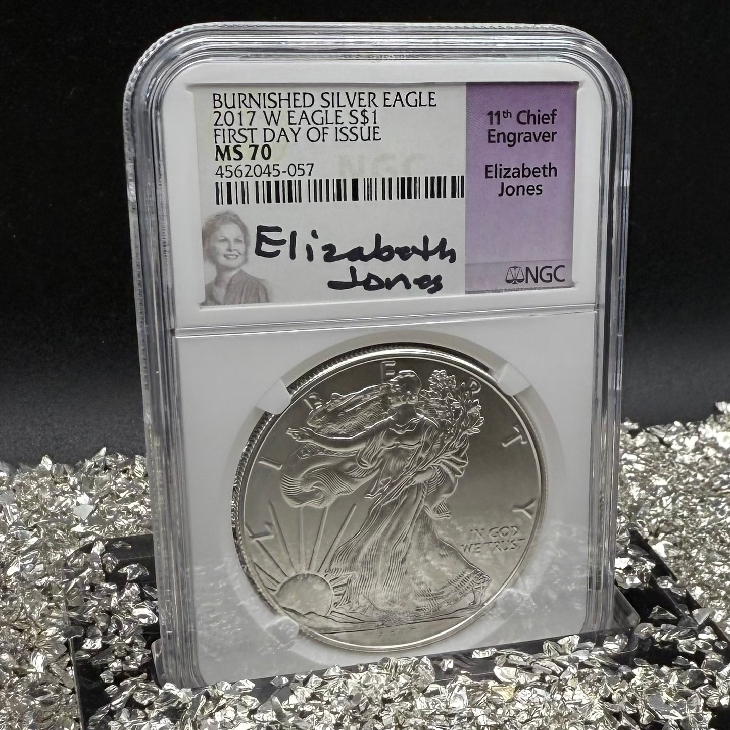 2017 Burnished $1 American Silver Eagle NGC MS70 FDOI  Purple Label Signed by Elizabeth Jones (11th Chief Engraver) Authentic Hand Signed (Rare 1 of 1,324)