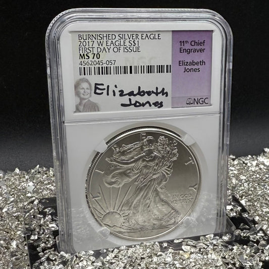 2017 Burnished $1 American Silver Eagle NGC MS70 FDOI  Purple Label Signed by Elizabeth Jones (11th Chief Engraver) Authentic Hand Signed (Rare 1 of 1,324)