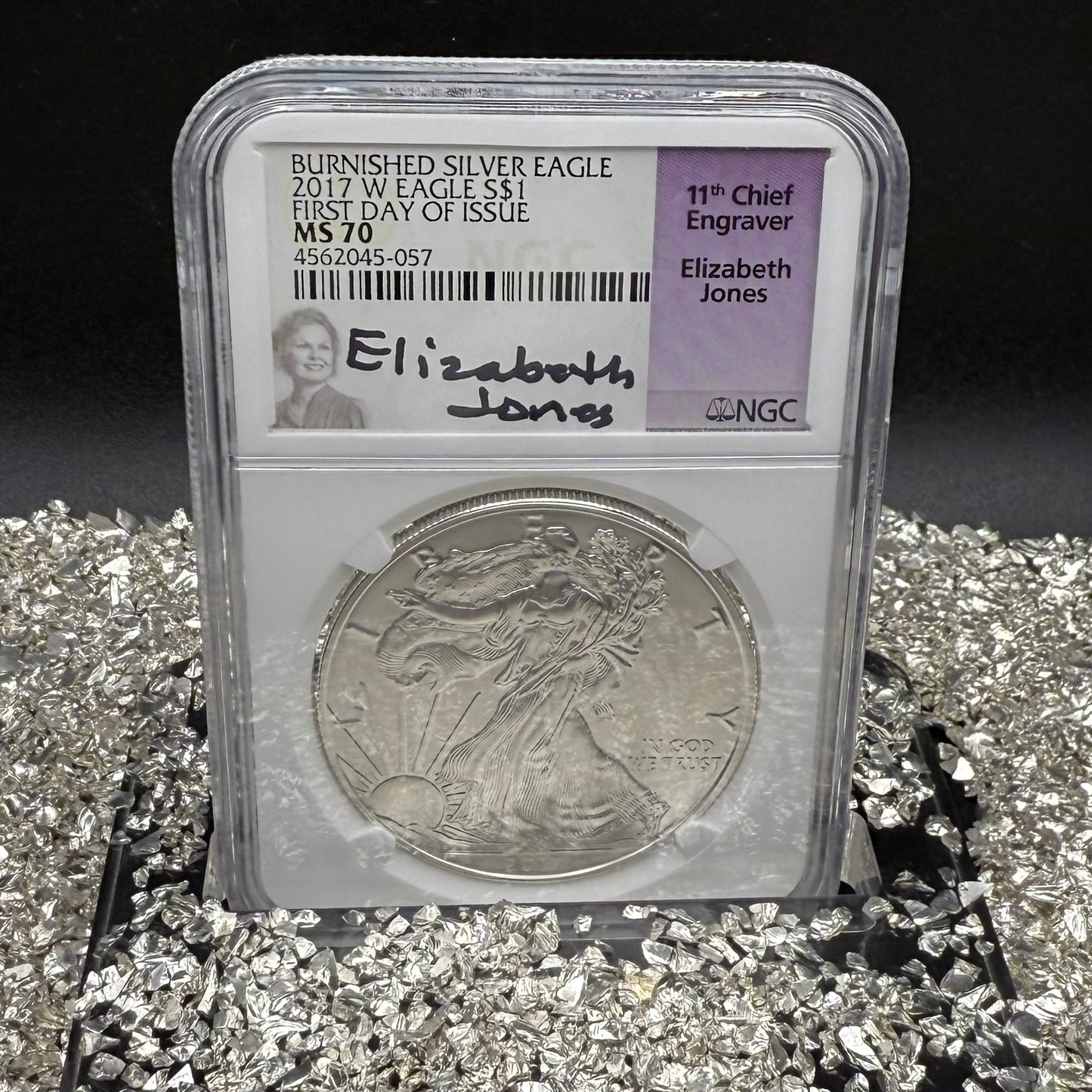 2017 Burnished $1 American Silver Eagle NGC MS70 FDOI  Purple Label Signed by Elizabeth Jones (11th Chief Engraver) Authentic Hand Signed (Rare 1 of 1,324)