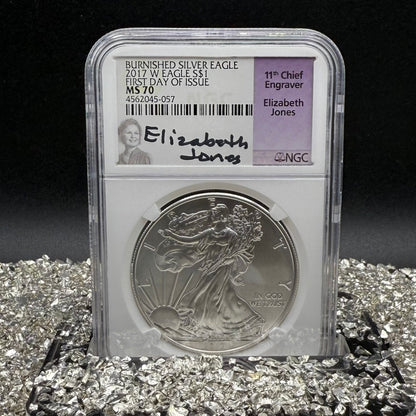 2017 Burnished $1 American Silver Eagle NGC MS70 FDOI  Purple Label Signed by Elizabeth Jones (11th Chief Engraver) Authentic Hand Signed (Rare 1 of 1,324)