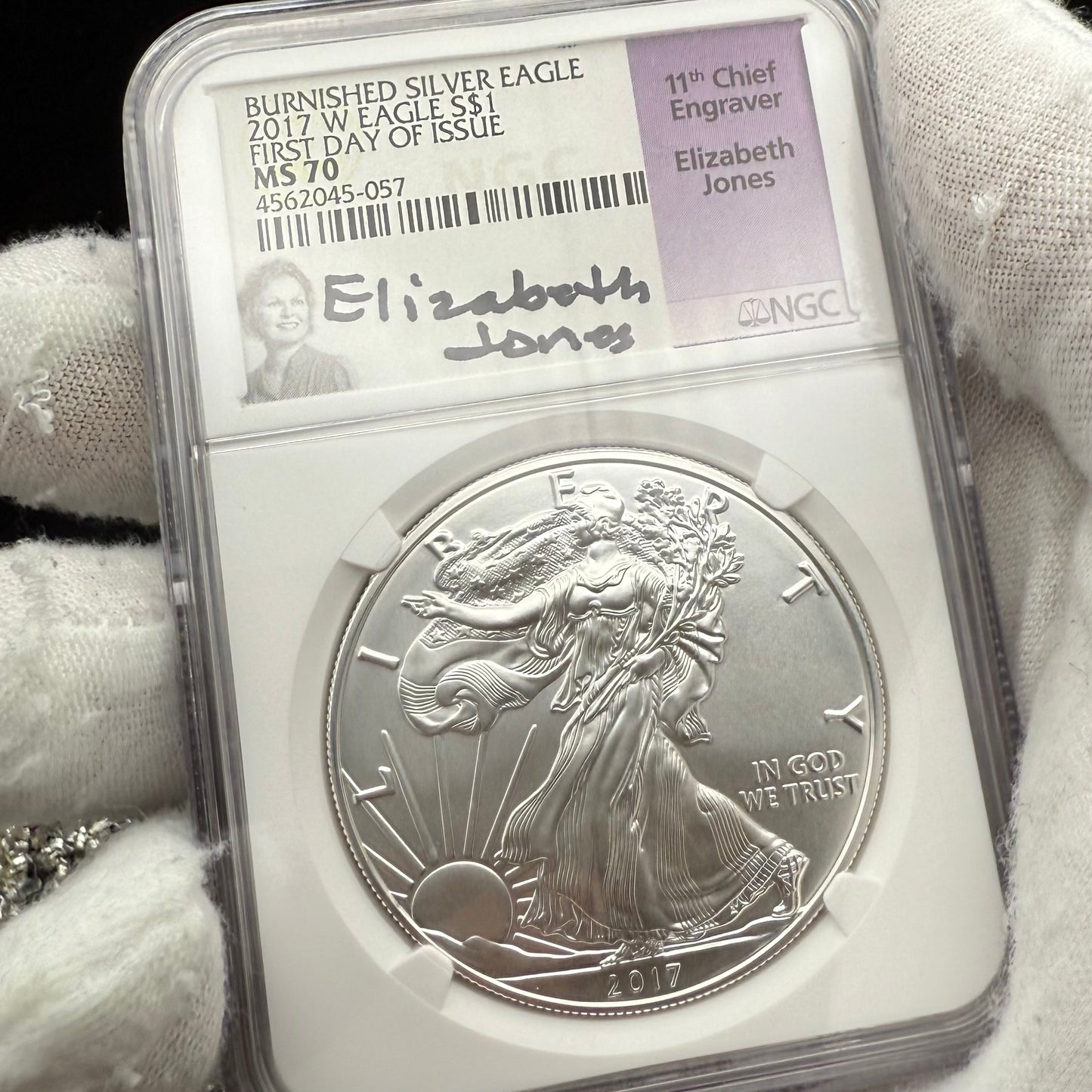 2017 Burnished $1 American Silver Eagle NGC MS70 FDOI  Purple Label Signed by Elizabeth Jones (11th Chief Engraver) Authentic Hand Signed (Rare 1 of 1,324)