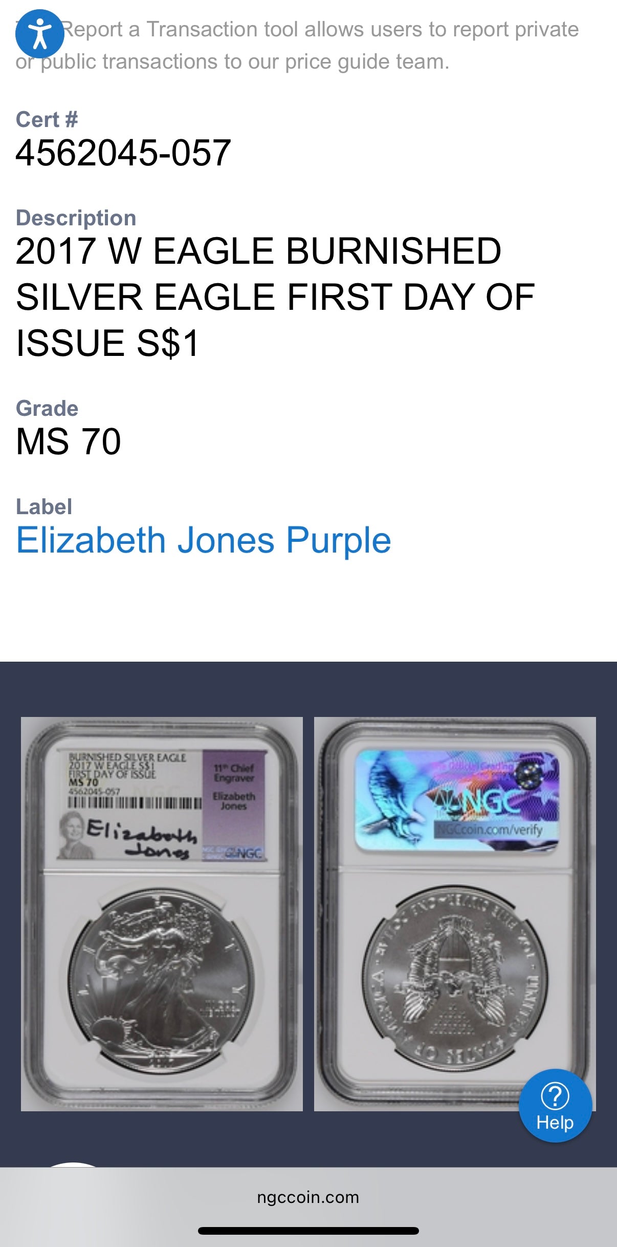 2017 Burnished $1 American Silver Eagle NGC MS70 FDOI  Purple Label Signed by Elizabeth Jones (11th Chief Engraver) Authentic Hand Signed (Rare 1 of 1,324)