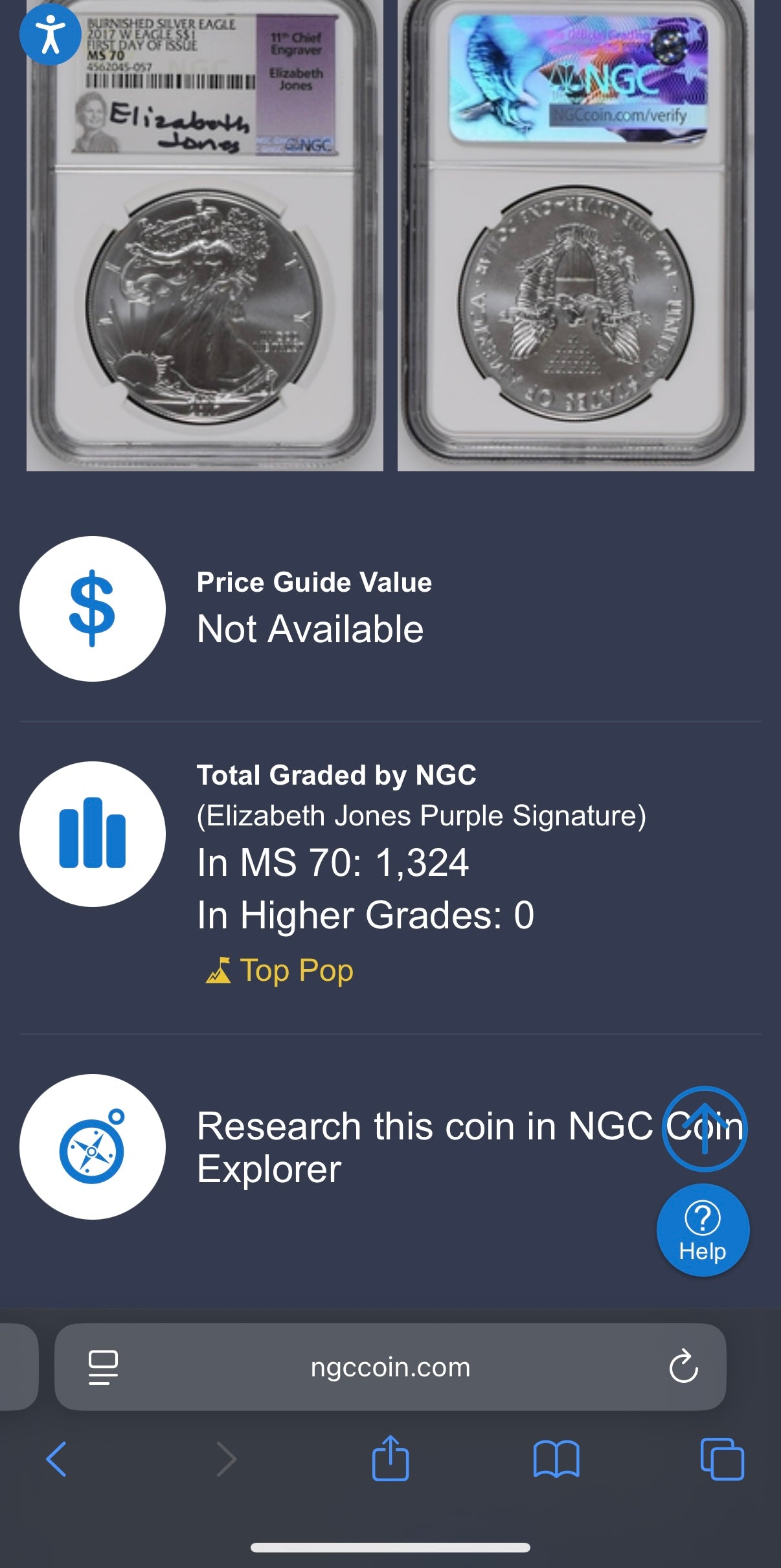 2017 Burnished $1 American Silver Eagle NGC MS70 FDOI  Purple Label Signed by Elizabeth Jones (11th Chief Engraver) Authentic Hand Signed (Rare 1 of 1,324)