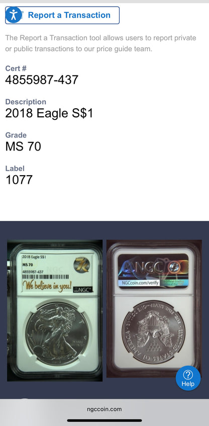 2018 $1 American Silver Eagle NGC MS70 We Believe In You (Rare Label)