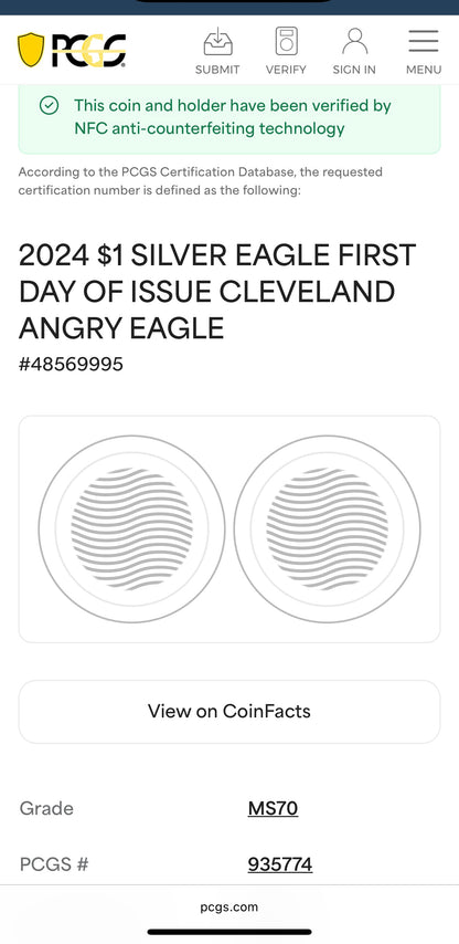 2024 $1 American Silver Eagle PCGS MS70 FDOI Eagle Landing Thomas Cleveland Signed Mint (1 of 300)