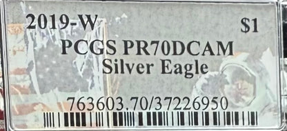 Proof 2019 (W) $1 American Silver Eagle PCGS PR70DCAM West Point Apollo Label (Rare 1 of 82)