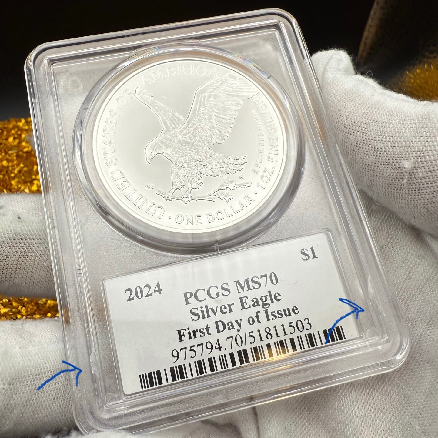 2024 $1 American Silver Eagle PCGS MS70 FDOI Arrows Label Thomas Cleveland Signed (1 of 10)