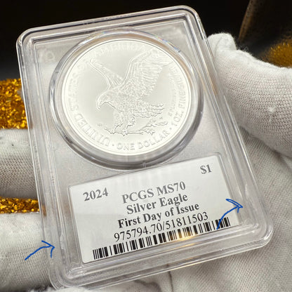 2024 $1 American Silver Eagle PCGS MS70 FDOI Arrows Label Thomas Cleveland Signed (1 of 10)
