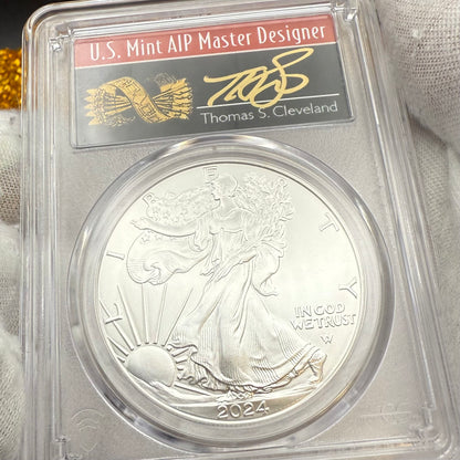 2024 $1 American Silver Eagle PCGS MS70 FDOI Arrows Label Thomas Cleveland Signed (1 of 10)